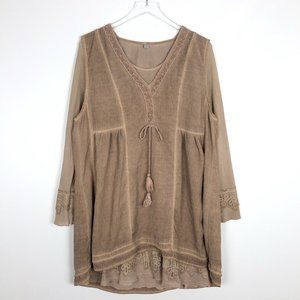 Pretty Angel Lace Trim Layered Tunic Blouse Tank Long Sleeve Top Rose Mauve L